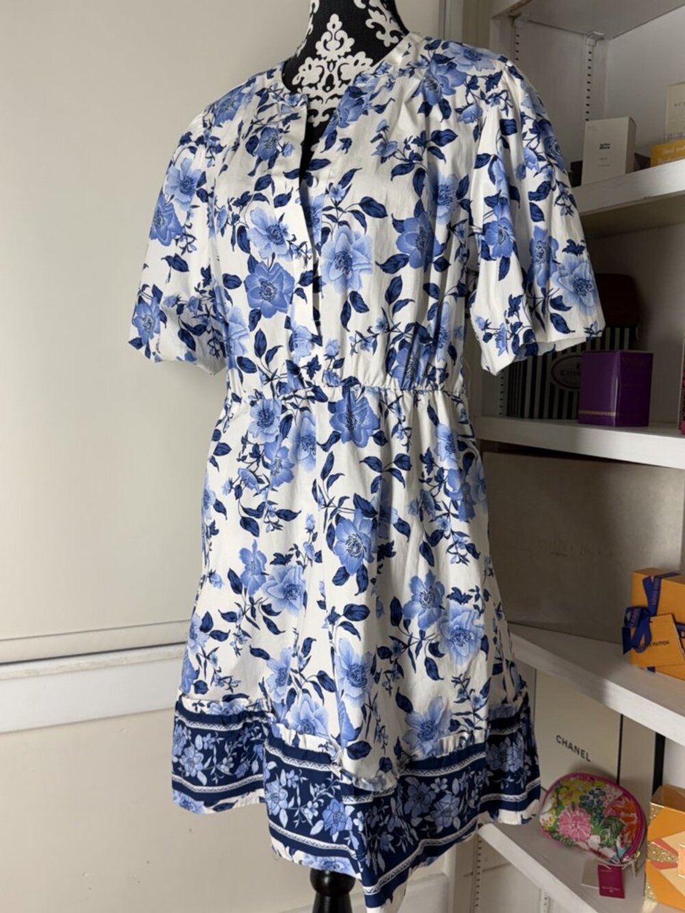 Joie Shirt Dress Size 12 Floral Ivory Puff Sleeve A-Line Demure Feminine Stretch